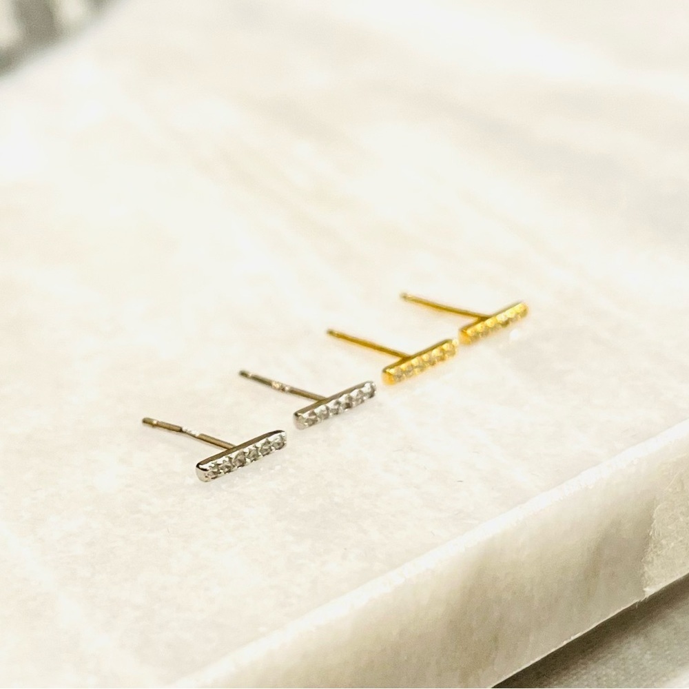 MINIMALIST bar stud earrings with white stones, gold plated or silver pick one 😊